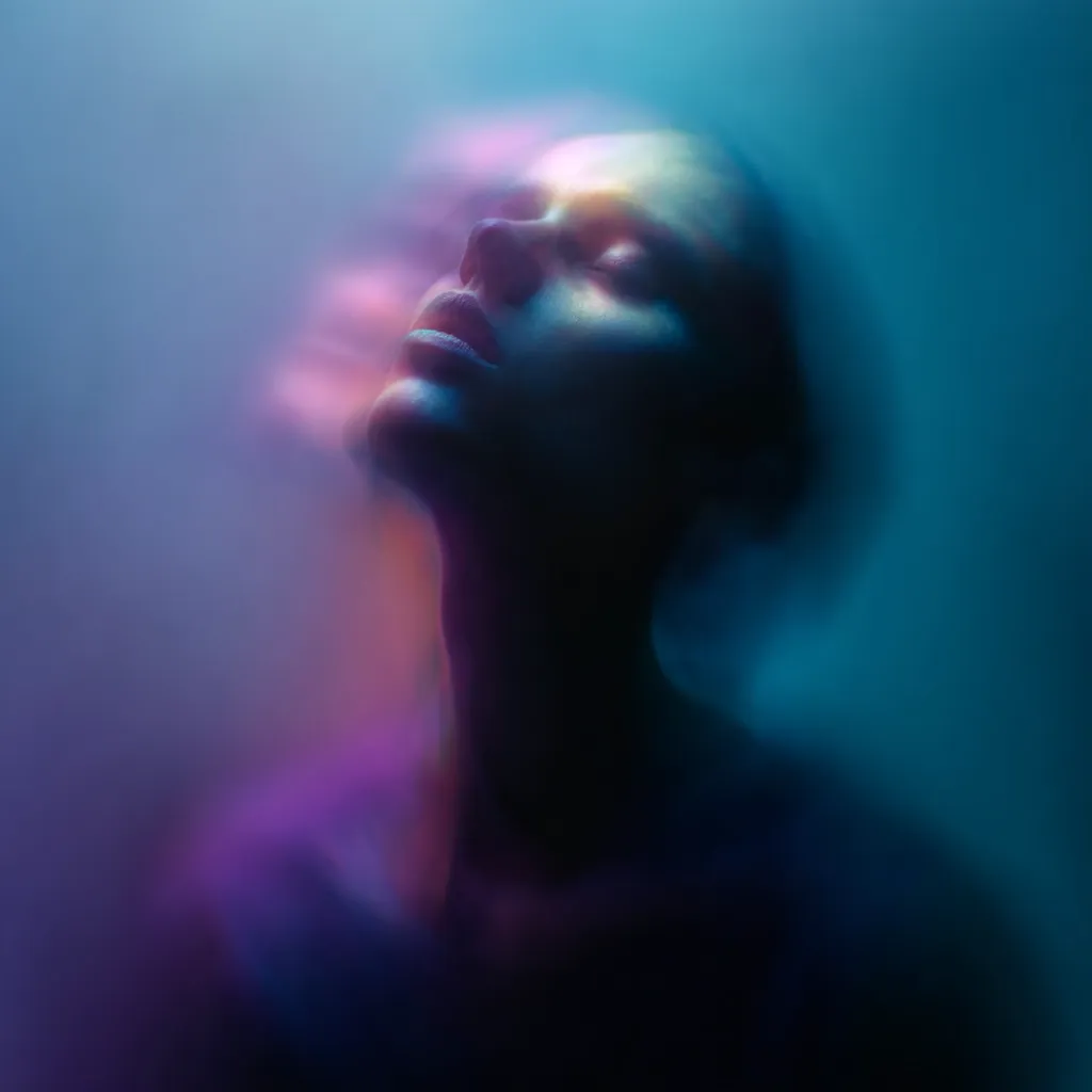 An ethereal portrait of a woman's face and upper body, bathed in vibrant, diffused blue and purple light.  The subject's features are subtly blurred, creating a dreamy, almost spectral effect. The image evokes a sense of mystery and tranquility, with the colors suggesting a surreal or otherworldly atmosphere.  The focus is on the soft light and the model's serene expression.