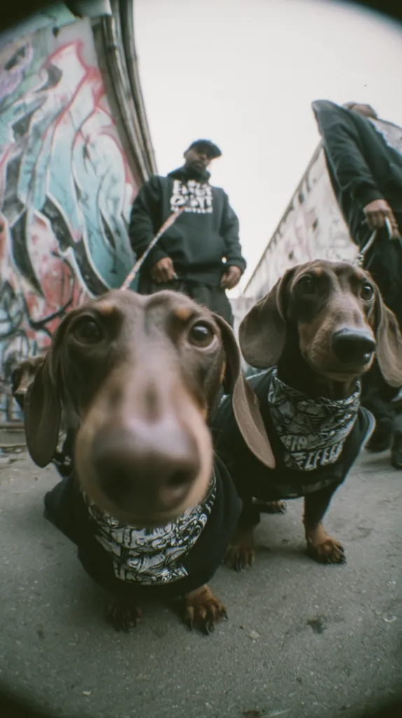 Two brown Dachshunds, wearing black shirts and bandanas, are the focus of a fisheye lens photograph.  A man in a dark hoodie walks them past a graffiti-covered wall. Another person is partially visible in the background. The image has a gritty, urban feel. The dogs are looking directly at the camera.