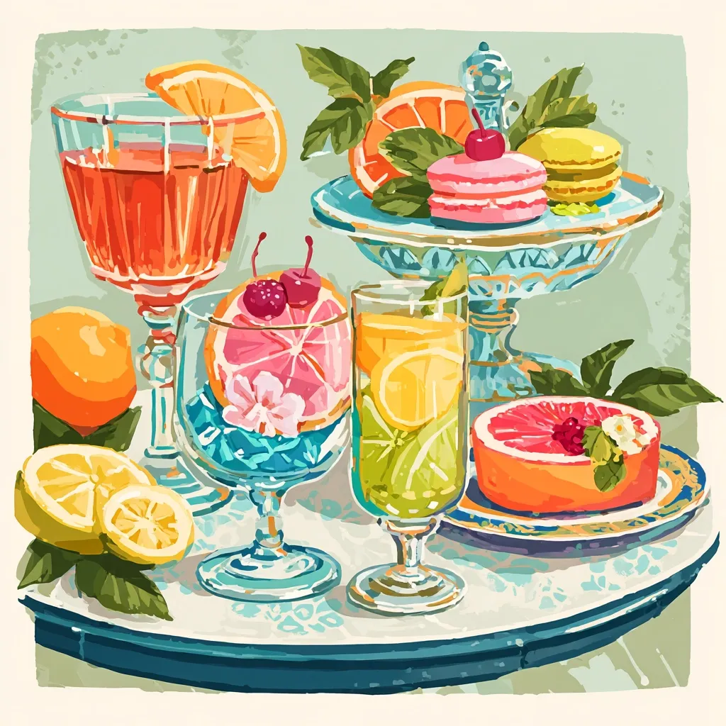 A vibrant still life depicts a table laden with refreshing drinks and colorful pastries.  Three glasses showcase various citrus-infused beverages, garnished with fruit and flowers.  A glass cake stand displays macarons, adding a touch of elegance. Slices of lemon and grapefruit, along with a whole grapefruit, complement the scene, painted in a style reminiscent of paint-by-numbers artwork.