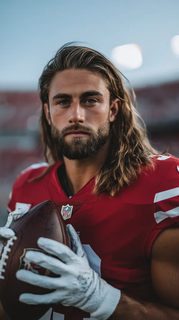 A young, attractive male athlete with long brown hair and a beard is pictured. He's wearing a red football jersey and white gloves, holding an American football.  His expression is serious and intense, suggesting a focused and determined personality. The background is blurred, drawing attention to the athlete in the foreground. The overall image projects strength, athleticism, and confidence.