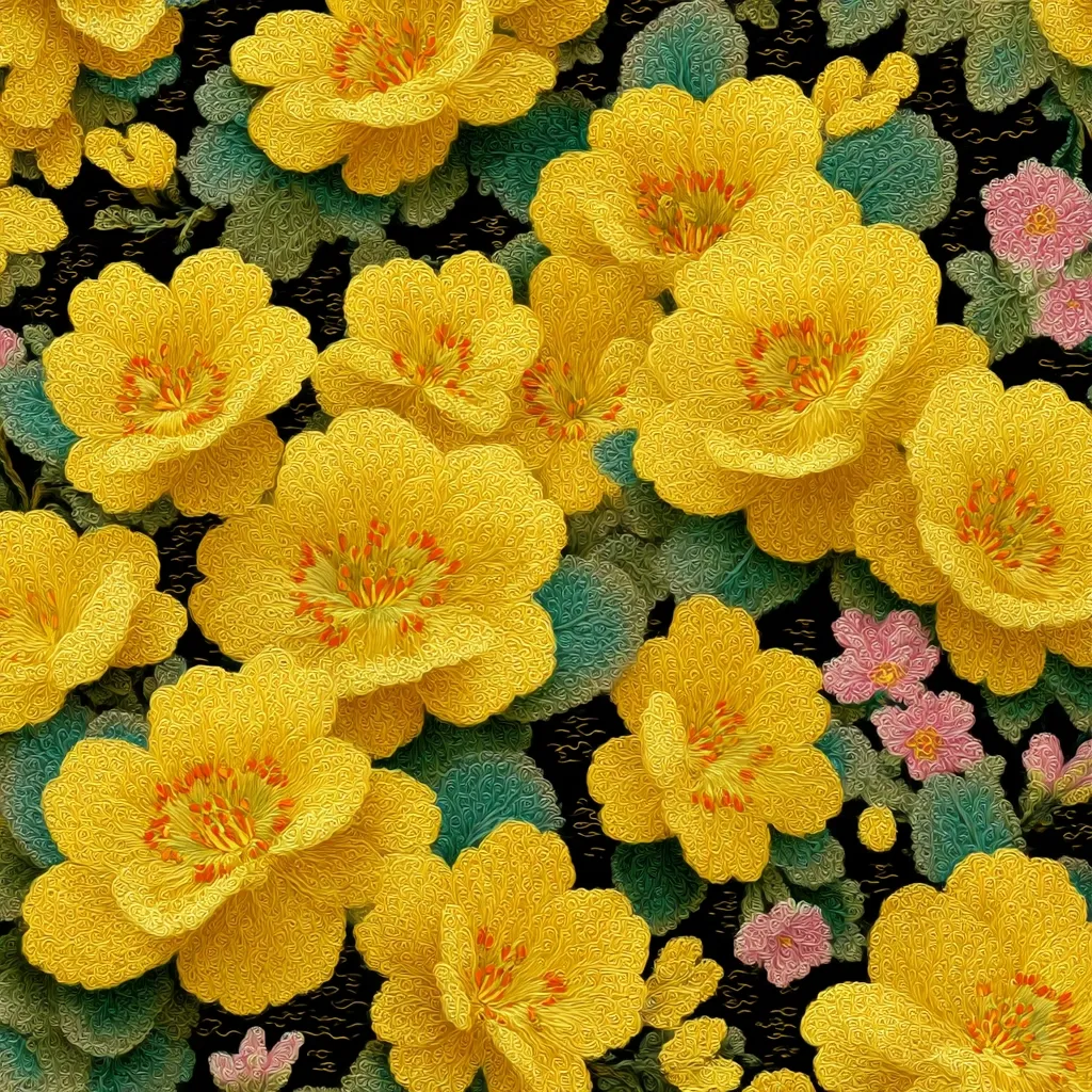 A vibrant close-up showcases a profusion of bright yellow flowers, meticulously detailed with textured petals.  The blossoms are densely clustered, creating a rich tapestry against a dark background accented with teal foliage and smaller, pale pink flowers.  The style evokes a sense of embroidered artistry, each petal seemingly crafted with individual stitches. The overall effect is one of opulent floral abundance.