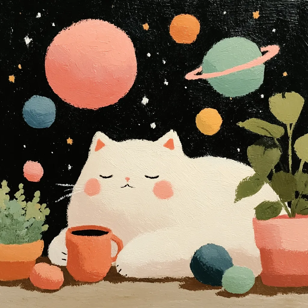 A whimsical painting depicts a serene white cat resting amidst a cosmic scene.  Pastel-colored planets and stars adorn a dark background.  The cat peacefully holds an orange mug, while potted plants flank it.  Soft, rounded shapes and a muted color palette create a calming and dreamlike atmosphere.  The overall style is simplistic and charming.