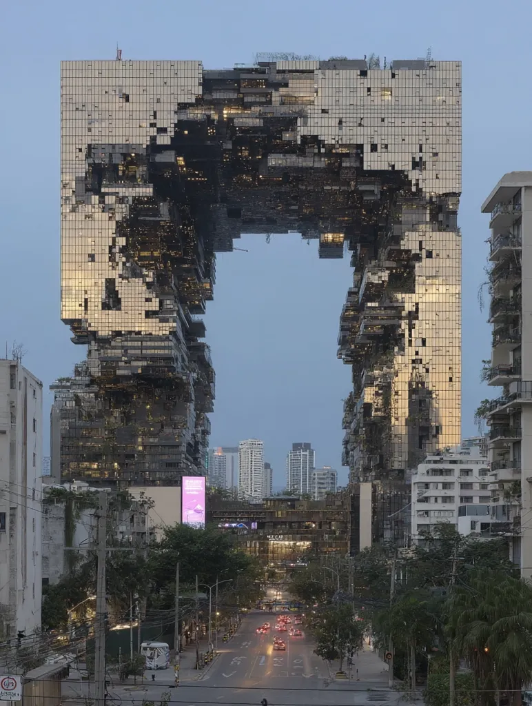 A striking architectural marvel dominates the cityscape.  Its fragmented, metallic facade creates a dramatic, almost unfinished appearance, yet possesses a unique elegance.  The structure forms a large archway, framing a city street with cars and buildings stretching into the distance.  The twilight sky provides a muted backdrop, enhancing the building's imposing presence.  The overall scene blends urban development with a bold, contemporary design statement.