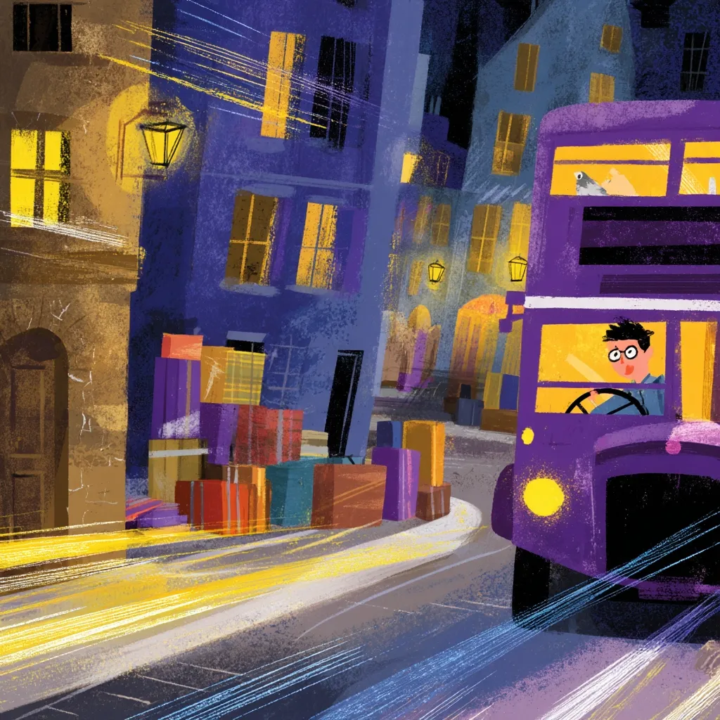 A purple double-decker bus speeds through a nighttime city street, its driver, a young man with glasses, at the wheel.  The bus is brightly lit, contrasting with the dimly lit buildings.  A pile of luggage sits beside the road, suggesting a journey.  Motion streaks depict the bus's speed, adding dynamism to the scene.  The overall style is whimsical and slightly impressionistic.