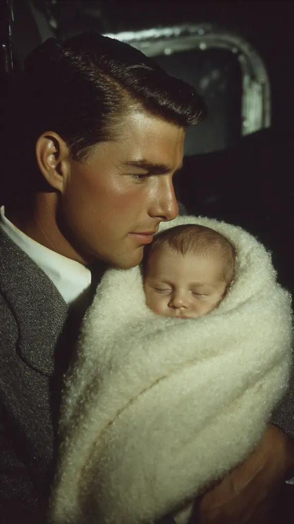 A young man with dark hair styled in a classic 1940s fashion gently cradles a sleeping infant wrapped in a cream-colored blanket. The man's expression is tender and loving as he holds the baby close. The setting appears to be the interior of a vehicle, suggesting a moment of quiet intimacy during travel. The image evokes a sense of warmth, nostalgia, and paternal affection.