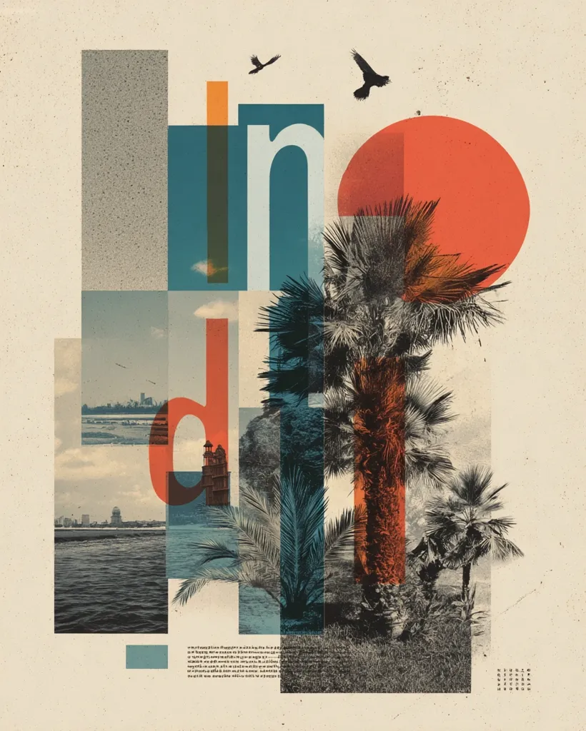 A vibrant collage features a stylized "India" in teal and orange, overlaid on images of palm trees, a cityscape, and a setting sun.  Geometric shapes in muted tones contrast with the warm hues.  Birds fly across the top, adding a sense of movement. The piece blends modern design with evocative imagery, creating a visually striking and atmospheric effect.  Small text is incorporated at the bottom.