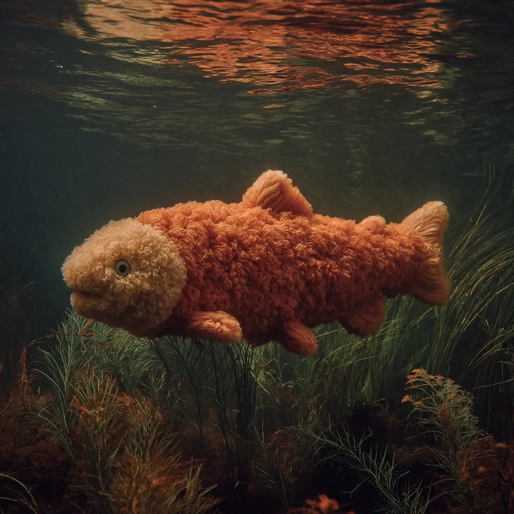 A plush salmon, crafted from a fluffy, orange material, is submerged in a dark, aquatic setting.  The toy fish appears to swim amidst underwater vegetation, creating a surreal and whimsical underwater scene. The lighting is dim, casting a moody atmosphere, emphasizing the texture of the plush and the underwater plants.