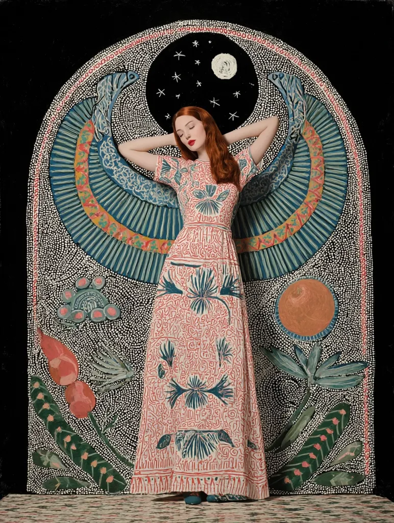 A red-haired woman in a long, patterned dress stands serenely with her arms behind her head.  She is positioned before a large, intricately designed backdrop depicting stylized wings, celestial bodies, and floral motifs in a pointillist style. The overall aesthetic is a blend of Art Deco and ancient Egyptian influences, creating a surreal and captivating image.  The color palette is rich and vibrant, contrasting the dark background.