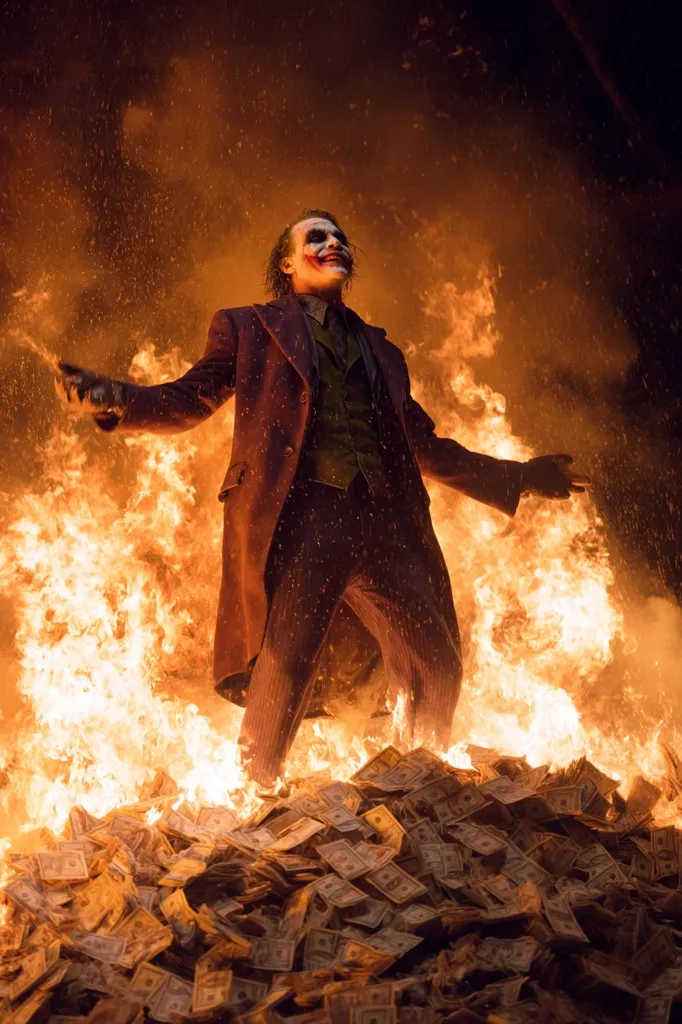 The Joker, in his signature purple suit, stands triumphantly amidst a blazing inferno of burning money.  His manic grin is illuminated by the flames, showcasing his chaotic nature.  The scene is visually striking, highlighting the character's disregard for wealth and societal norms, emphasizing his anarchic personality. The burning banknotes create a dramatic and fiery backdrop, amplifying the intensity of the moment.