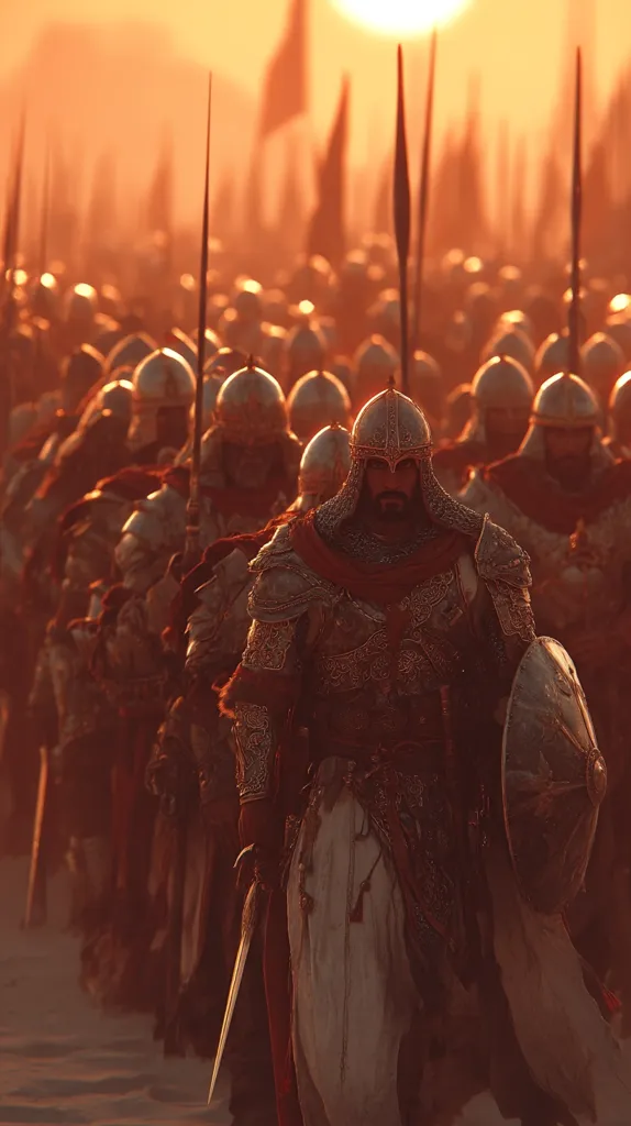 A large army of medieval-style soldiers, clad in ornate gold and red armor, stands silhouetted against a fiery sunset.  The central figure, a warrior with a large shield and sword, is prominently displayed.  Long spears are held by many soldiers, suggesting readiness for battle. The overall scene evokes a sense of power and impending conflict in a desert setting.
