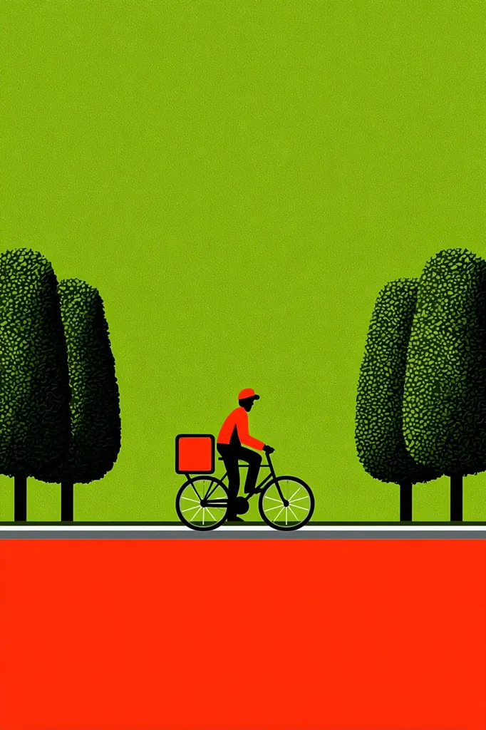 A stylized illustration depicts a delivery person on a bicycle.  The cyclist, in a red shirt and cap, carries a red delivery box.  They cycle along a gray road, bordered by a vibrant red bottom and a lime green top with dark green, stylized trees flanking the road.  The overall style is minimalist and graphic.