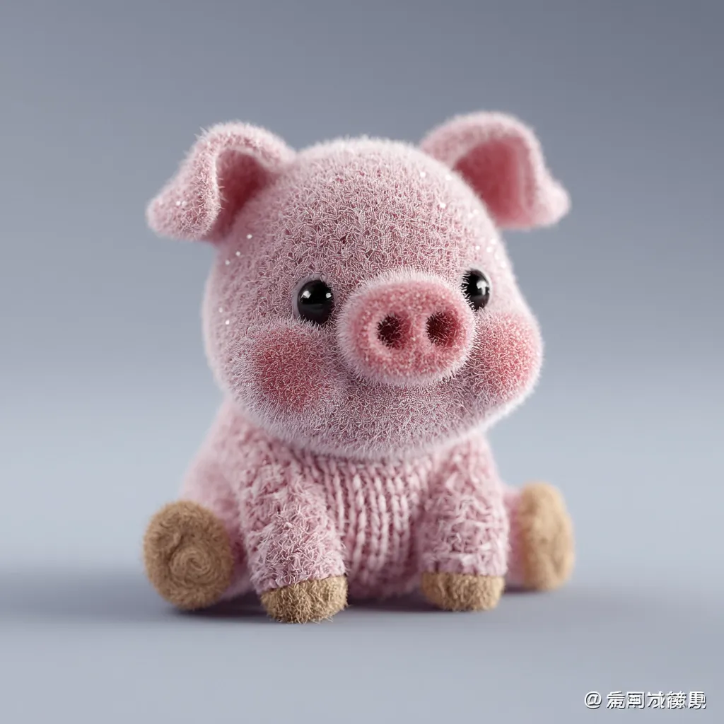 A charming, 3D-rendered piglet sits against a muted gray background.  The pig is pink and fluffy, appearing to be wearing a knitted sweater. Its large, expressive eyes and small, round body contribute to its adorable appearance.  The texture is highly detailed, giving the impression of soft fur. The pig's feet are textured to mimic woven fabric.