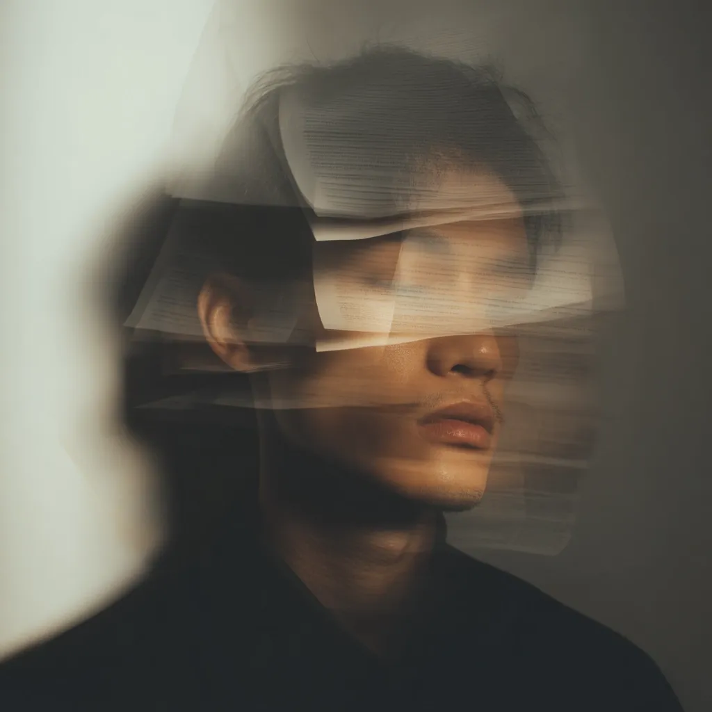 A stylized portrait of a young man's face, partially obscured by translucent, layered sheets of paper. The effect creates a sense of mystery and introspection, hinting at hidden thoughts or memories. The image is moody and atmospheric, with soft lighting and a muted color palette.  The focus is on the subject's expression, even though partially concealed.