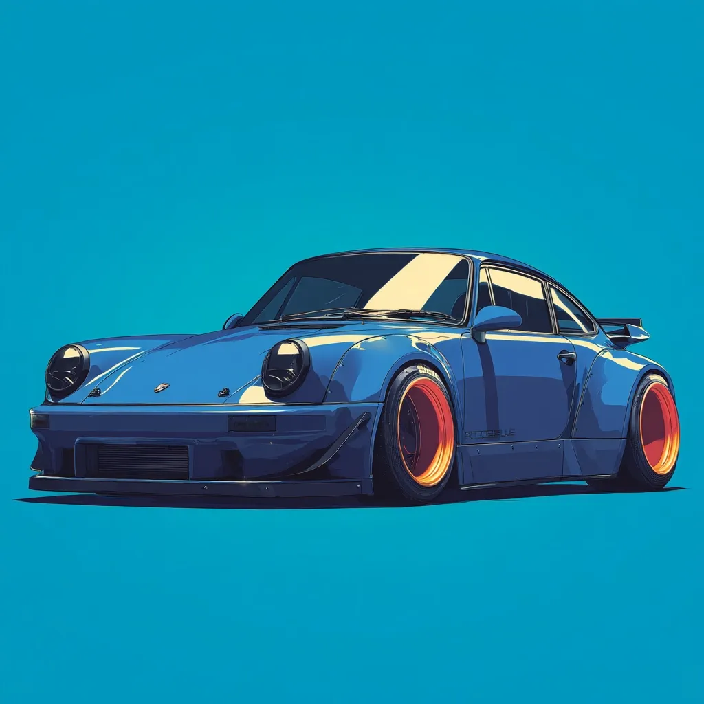 A stylized illustration showcases a blue Porsche 911 Turbo, modified with widebody kits and large orange rims.  The car is depicted against a solid blue background, creating a clean, minimalist aesthetic. The illustration style is sharp and slightly cartoonish, emphasizing the car's sleek lines and aggressive stance.  The overall feel is one of vintage sports car cool with a modern graphic design twist.