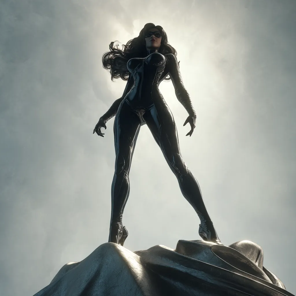 A female figure, clad in a black leather bodysuit and high heels, stands on a dark, sculpted surface.  Her long dark hair flows behind her as she gazes upward.  The background is a bright, overcast sky, creating a dramatic, high-contrast image.  The overall style evokes a powerful, perhaps superheroic, persona.