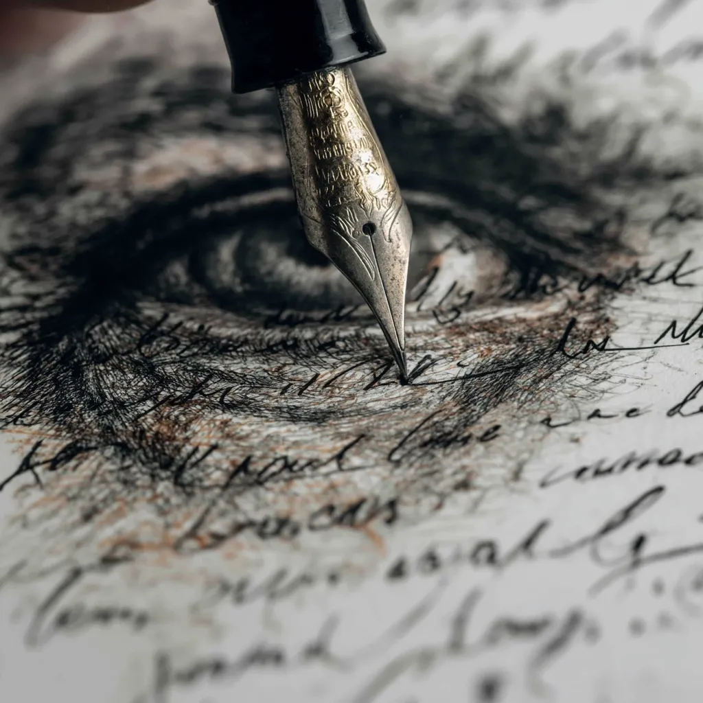 A close-up shot reveals a fountain pen delicately tracing a line over a page filled with dense, expressive handwriting.  The pen's nib is sharply in focus, contrasting with the softly blurred background.  The writing beneath appears layered and textured, possibly suggesting a sense of depth or emotion.  A sketched eye is subtly interwoven within the script, creating a visually compelling composition.