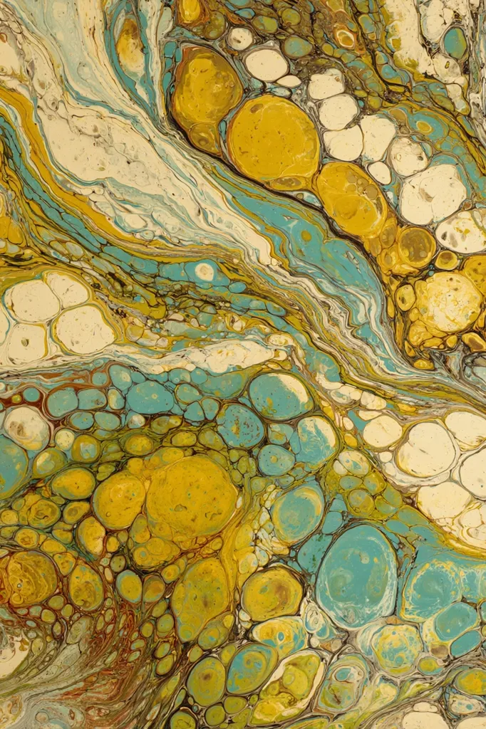 An abstract painting features a swirling blend of muted teal, gold, and beige.  Fluid acrylics create a marbled effect with large, organic shapes resembling cells or bubbles.  The colors blend seamlessly, resulting in a visually rich and textured artwork that evokes a sense of movement and fluidity. The overall impression is one of calm yet vibrant energy.