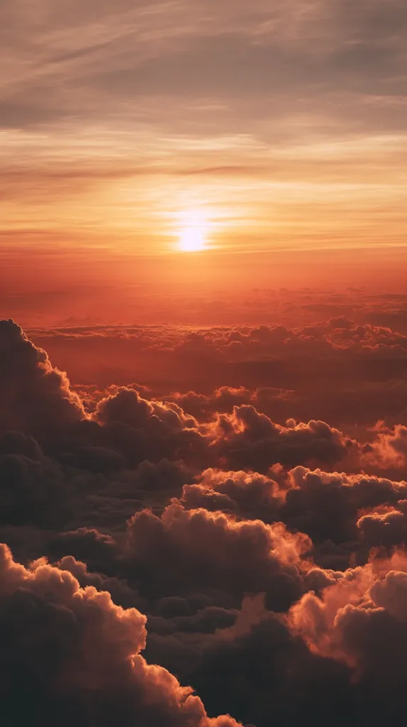 A breathtaking aerial view of a sunset.  The sun, a bright orb, sits low on the horizon, casting a warm, orange-red glow across a seemingly endless expanse of clouds. The clouds themselves are dark and dramatic, their forms sculpted by the light, creating a stunning contrast between the fiery sky and the shadowed depths below.  The overall effect is one of serene, dramatic beauty.