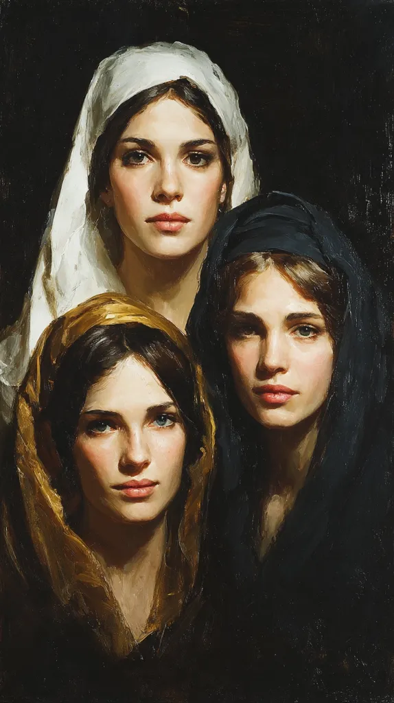 A portrait painting of three young women, each draped in a different colored head covering.  The woman on the left wears white, the center woman's head covering is white, and the woman on the right is wearing black. The painting style is realistic, with a focus on soft light and shadow creating depth and dimension on their faces. The dark background accentuates the women's features. The overall mood is serene and contemplative.