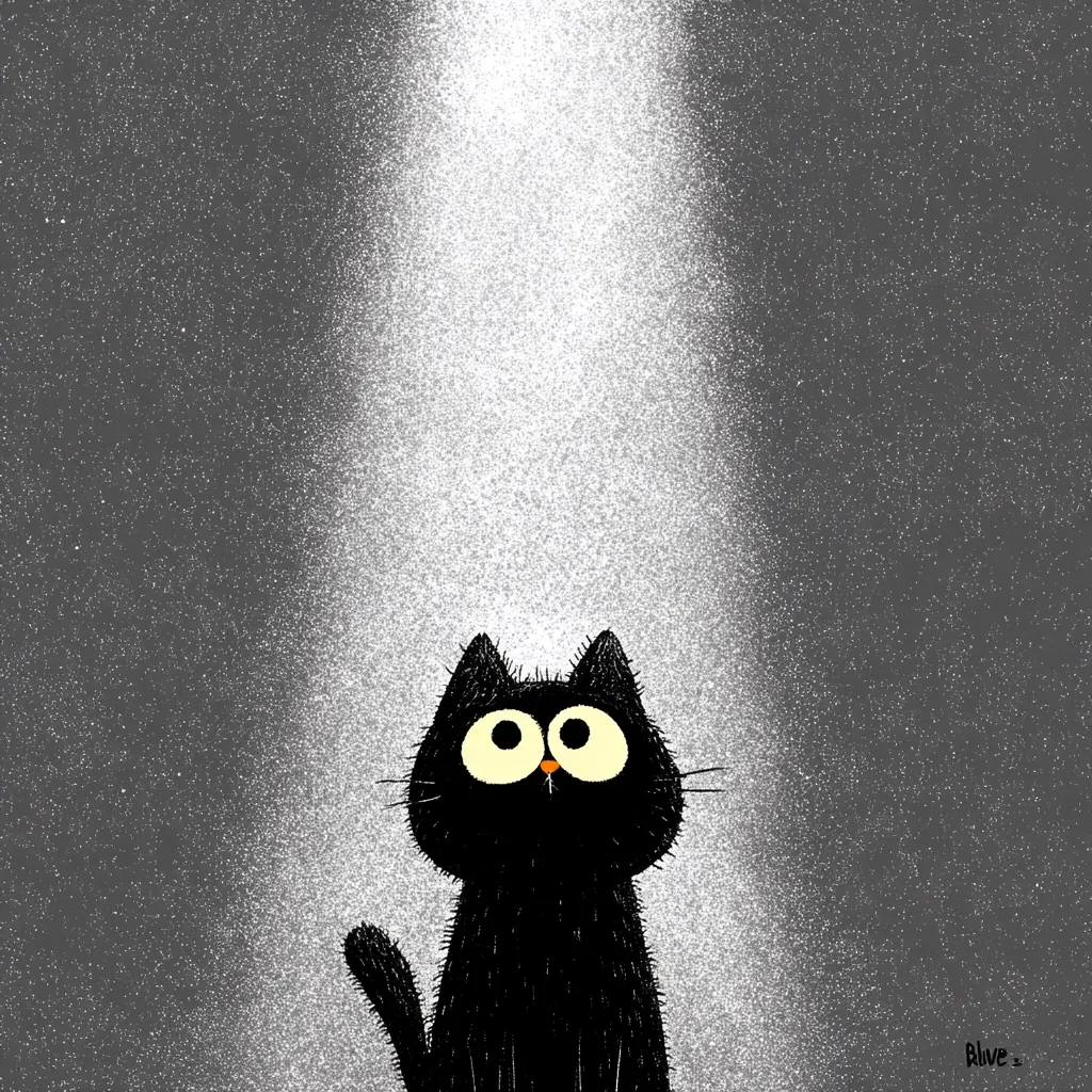 A stylized black cat with large, expressive eyes sits in a spotlight.  The background is a dark grey speckled with white, creating a starry night effect. The cat appears curious, gazing upward at the bright light. The overall style is minimalist and charming, with a focus on simple shapes and textures.