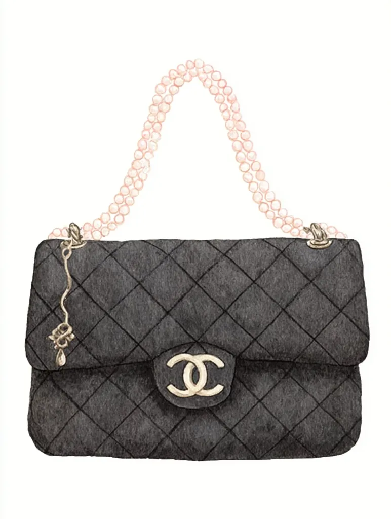 A watercolor illustration of a classic Chanel handbag.  The bag is dark gray with the iconic quilted pattern and gold interlocking CC logo.  A delicate chain strap, adorned with light pink pearls, completes the elegant design.  A small, ornate charm dangles from the chain.  The image is clean and showcases the handbag's luxurious details.