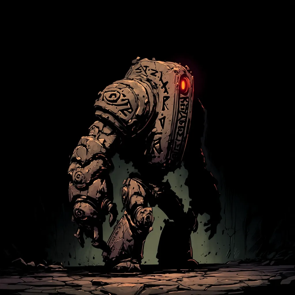 A stone golem, dark and imposing, stands in a dimly lit environment. Its body is carved with ancient symbols, and a glowing red eye emanates from its chest.  The golem's form suggests heavy, powerful construction, with intricate details hinting at a mechanical interior. The overall atmosphere is mysterious and foreboding.