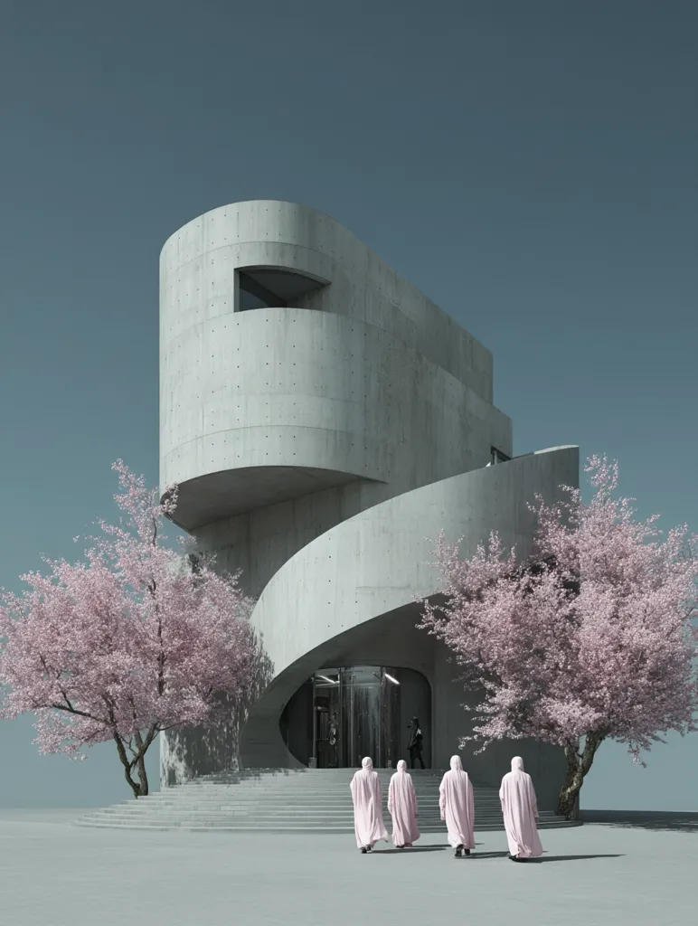 A minimalist architectural rendering showcases a modern concrete building with a curved design.  Two blossoming pink trees flank the structure's entrance, where four figures in light pink robes walk away. The sky is a muted blue, creating a serene and somewhat surreal atmosphere. The scene evokes a sense of quiet contemplation and modern design.