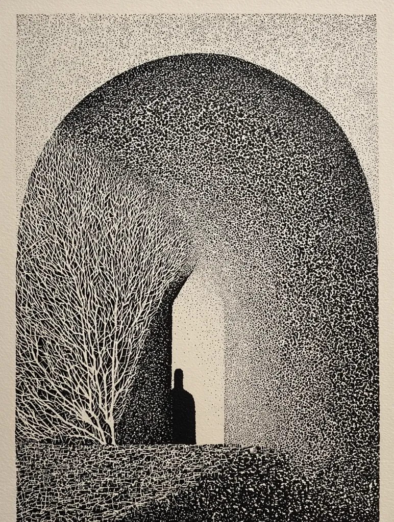 A black and white pointillist print depicts a solitary figure silhouetted within an arched passageway.  The figure sits, seemingly small and insignificant, under a stark, branch-like tree. The passage is rendered with a dense texture of dots, creating a sense of depth and mystery. The overall mood is one of quiet contemplation and isolation.