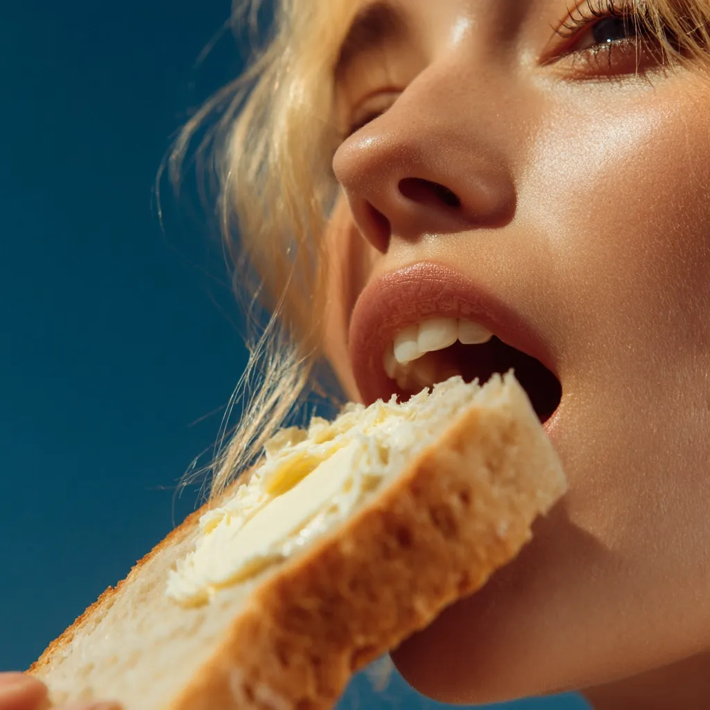 Close-up of a young woman with blonde hair taking a large bite of a slice of bread with butter.  The sunlit scene highlights her features and the golden hue of the bread.  Her expression is one of enjoyment as she savors the simple pleasure of a buttery bite. The background is a deep blue.