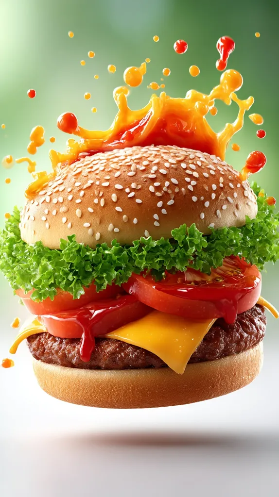 A juicy hamburger is captured mid-air, with ketchup and cheese splattering dramatically.  The sesame seed bun encases a perfectly cooked patty, layered with melted cheese, fresh lettuce, and ripe tomato slices.  The vibrant colors and dynamic splash of condiments create a mouthwatering image of fast-food indulgence.