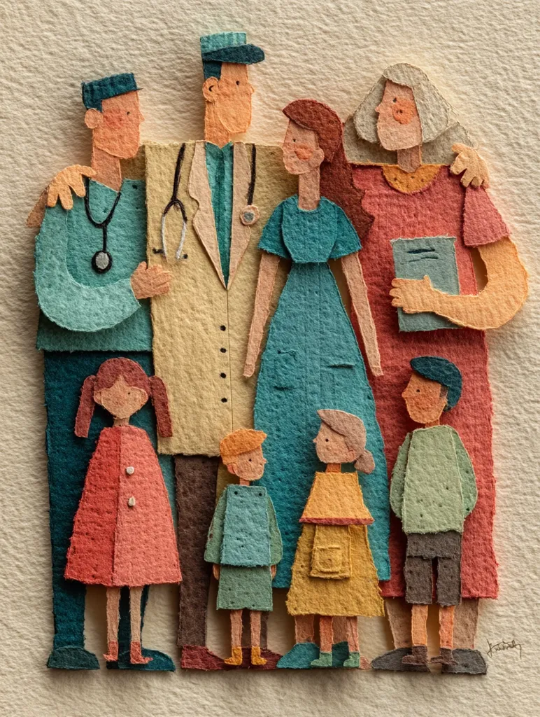 A heartwarming papercraft depicts a multigenerational family.  A male doctor stands centrally, flanked by a nurse, his wife, and his mother.  Three young children, two girls and a boy, stand in front, creating a charming scene of family unity and love. The textured paper gives the piece a unique and tactile feel. The style is reminiscent of children's book illustration.