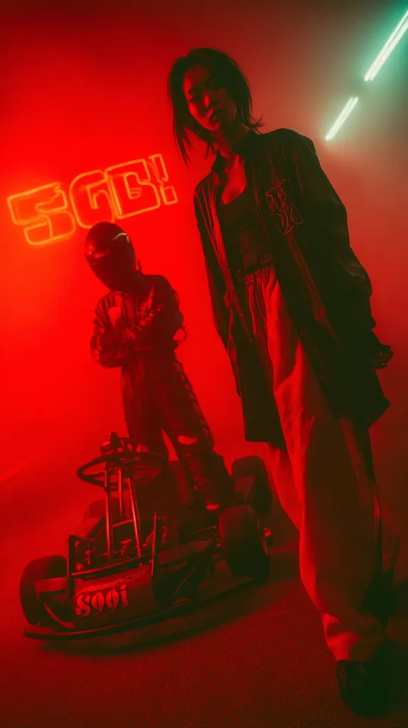 A woman in a black jacket stands over a go-kart, bathed in red light.  Neon signs spelling "SGB!" are visible on the wall behind her. A person in a racing suit sits in the go-kart, their features obscured by the helmet and red lighting. The overall atmosphere is dark, edgy, and dramatic.  The scene suggests speed, competition, or a stylized photoshoot.
