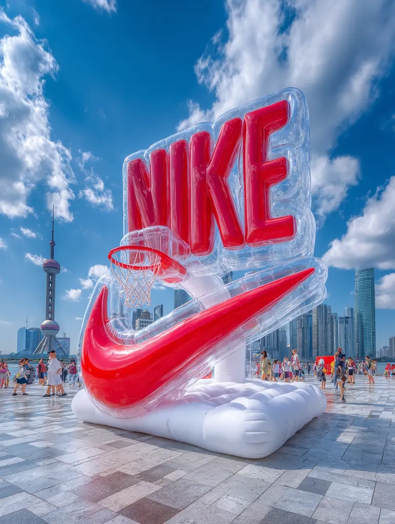 A giant inflatable Nike logo dominates a city square.  The iconic swoosh forms a basketball hoop, with the word "NIKE" in large, red letters above.  Clear inflatable sections surround the red elements.  People stroll around the installation, which is set against a backdrop of modern skyscrapers and a clear blue sky.  The overall impression is one of playful, large-scale branding in an urban setting.