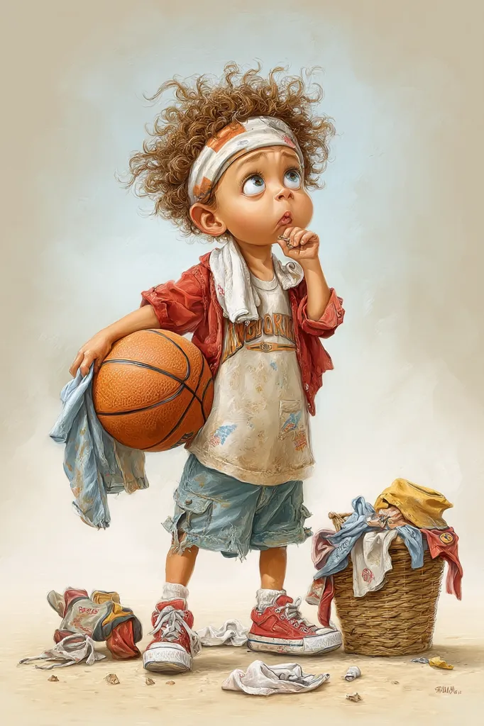 A whimsical illustration depicts a young boy with curly brown hair, wearing a red jacket and denim shorts, holding a basketball. He's thoughtfully gazing upward, a piece of clothing draped over his arm, near a laundry basket overflowing with clothes.  His attire is slightly worn, adding to his endearingly messy charm. The overall style is reminiscent of children's book illustrations, playful and slightly surreal.