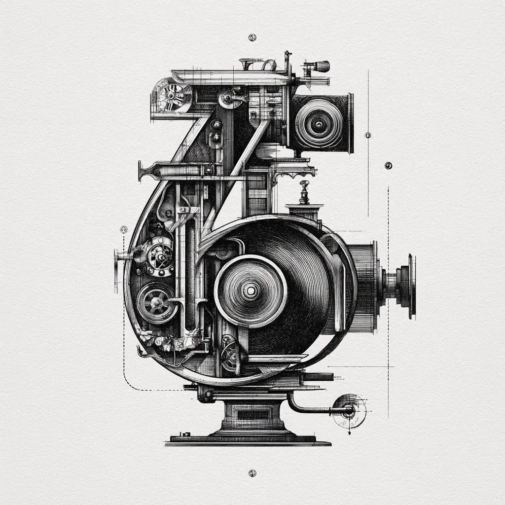 A meticulously detailed pen-and-ink illustration depicts the number "6" intricately designed as a cutaway view of a complex machine.  Gears, levers, and cylinders are intricately rendered, showcasing the inner workings with precision.  The style evokes vintage industrial machinery, possibly a printing press or similar device, creating a striking visual representation of both number and mechanism.  Light gray dotted lines suggest a blueprint overlay, enhancing the technical aesthetic.