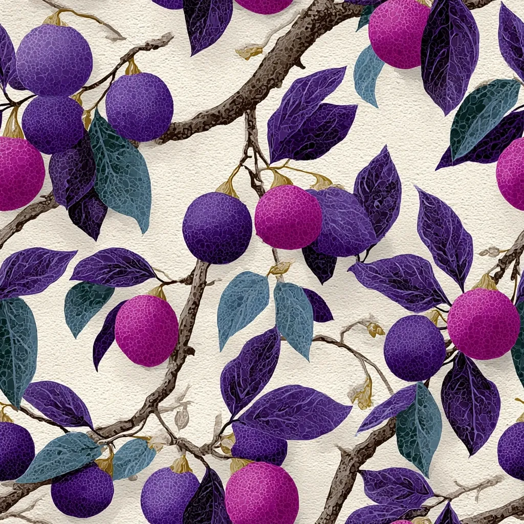 A seamless pattern features stylized branches laden with vibrant purple and fuchsia fruits.  The textured fruits are depicted with a detailed, almost bumpy surface.  The leaves are a deep purple-blue, adding contrast to the creamy off-white background. The overall style evokes a botanical illustration with a modern twist.