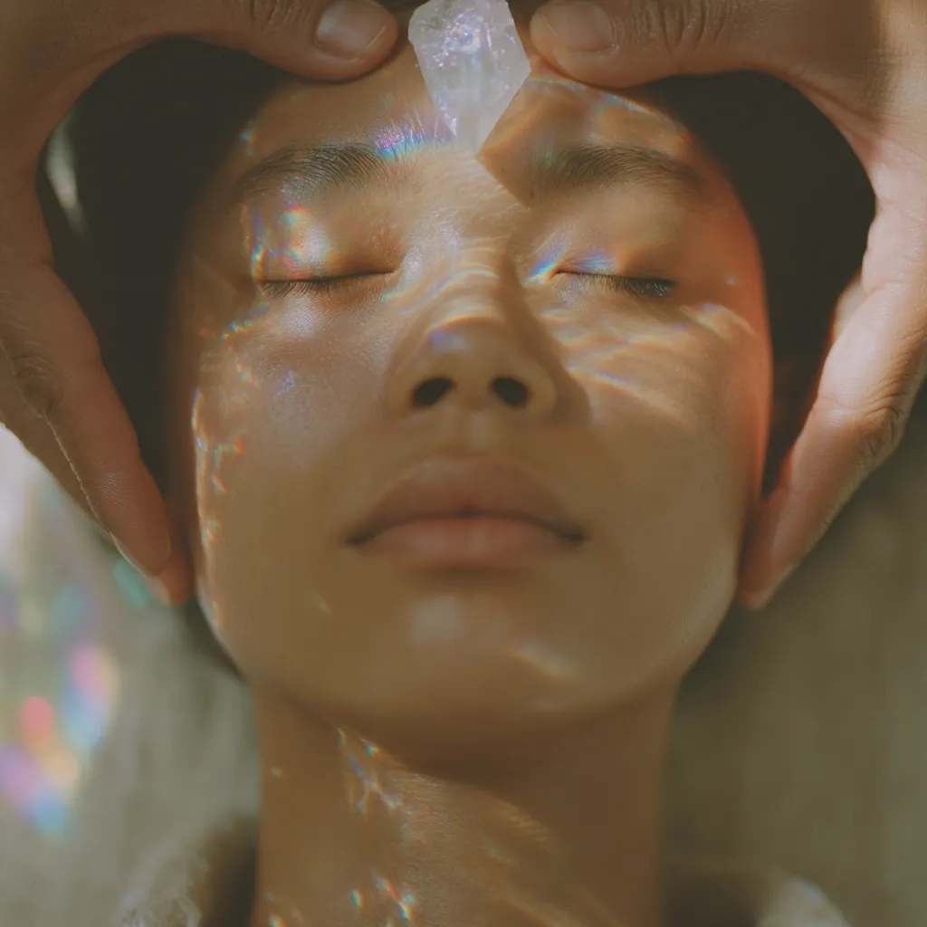 Close-up of a person receiving a crystal healing treatment.  A clear quartz crystal rests on their third eye, held gently by hands.  Rainbow light refracts across their face, creating a serene and ethereal atmosphere. The individual's eyes are closed, suggesting a state of relaxation and peaceful meditation. The image evokes a sense of calm and spiritual energy.