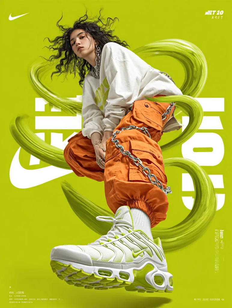 A vibrant poster showcases a young woman modeling Nike Air Max Plus sneakers.  She's styled in trendy orange cargo pants and a white sweatshirt, her curly hair adding to the dynamic energy.  The lime green background and stylized brushstrokes create a bold, modern aesthetic, highlighting the shoes' bright yellow and white design. The overall impression is one of youthful, energetic style.
