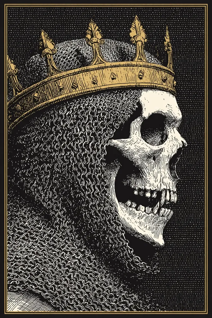 A detailed, black-and-white illustration depicts a skull wearing a golden crown and chainmail. The skull's profile is visible, its mouth slightly open, revealing teeth. The crown sits atop the chainmail hood, which covers the skull's head and shoulders.  The style is reminiscent of antique engravings or woodcuts, with intricate detail in the texture of the chainmail and the ornate crown. The background is a dark, textured black.