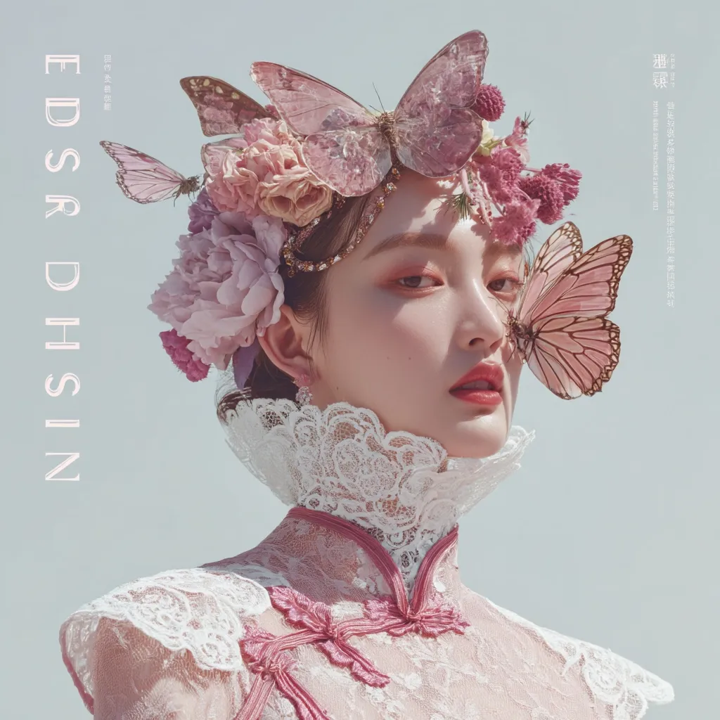 A young woman is elegantly adorned with a crown of pastel flowers and delicate butterflies.  Her makeup is soft and luminous, complementing the ethereal beauty of the floral headpiece. She wears a lacy, high-collared dress in soft pinks, creating a romantic and whimsical aesthetic. The overall image evokes a feeling of delicate femininity and otherworldly charm.
