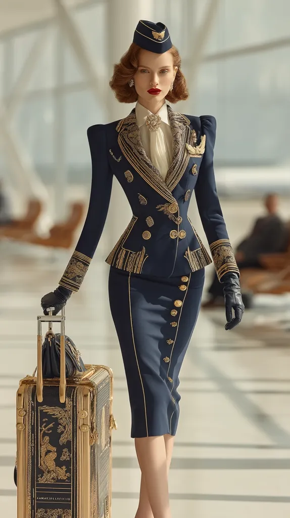A stylish woman in a retro flight attendant uniform stands in an airport, holding a luxurious gold-embellished suitcase. Her navy blue suit features gold detailing, a fitted silhouette, and a matching cap.  The elegant ensemble is complemented by her red lipstick and classic hairstyle, creating a sophisticated and timeless look. The image evokes a sense of vintage glamour and air travel.