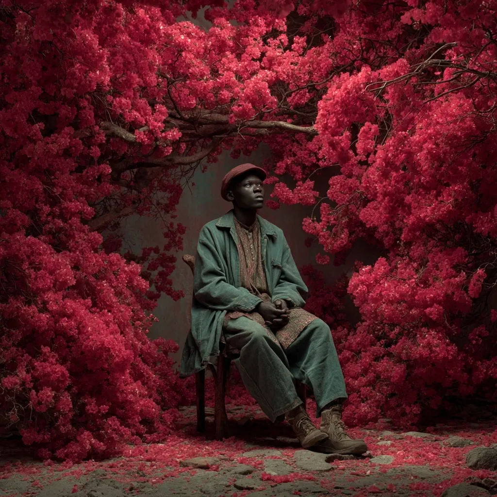 A young Black man, wearing a newsboy cap and green jacket, sits contemplatively on a wooden chair. He is surrounded by vibrant, crimson-hued flowering bushes, creating a surreal and dreamlike atmosphere.  The man gazes upward, his expression serene yet pensive, amidst the intense red blossoms. The overall image evokes a sense of quiet contemplation and the beauty of nature.