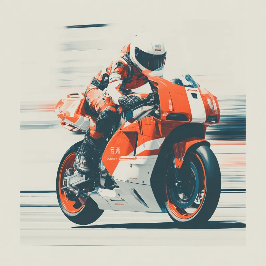 A stylized illustration depicts a motorcyclist speeding along a track.  The bike is predominantly red and white, with a blurred background suggesting high velocity. The rider is clad in a racing suit and helmet, focused intently on the road ahead.  The image's vibrant colors and dynamic composition emphasize the thrill of motorcycle racing.  Japanese characters are visible on the bike's fairings.