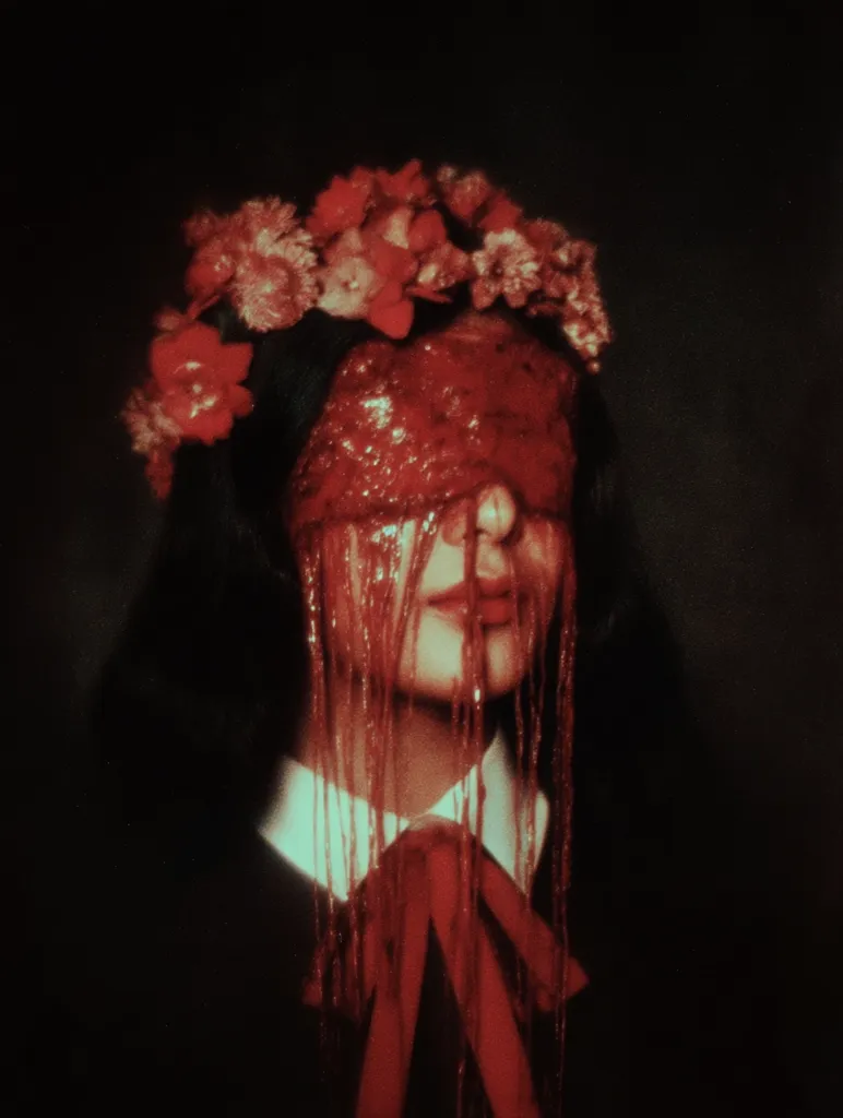 A dark, stylized portrait of a person with dark hair wearing a crown of red flowers. Their face is obscured by a thick, dripping red substance resembling blood or wax, obscuring their eyes. They are dressed in a dark collared shirt with a red bow tie, adding to the dramatic, possibly macabre aesthetic. The overall tone is eerie and unsettling.