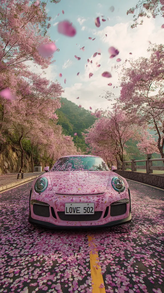 A pink Porsche 911 GT3 RS is parked on a road covered in pink cherry blossoms.  Falling petals surround the car, creating a romantic and idyllic scene.  The license plate reads "LOVE 502."  Cherry blossom trees line the road, their branches laden with flowers.  The background features a green mountainside.