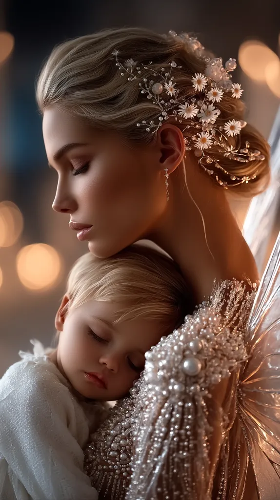 A woman with blonde hair adorned with a delicate floral headpiece holds a sleeping toddler close.  The woman wears a stunning beaded gown, its intricate details shimmering.  The soft lighting and warm tones create a tender, ethereal atmosphere, emphasizing the loving bond between mother and child.  The image evokes feelings of peace and maternal love.