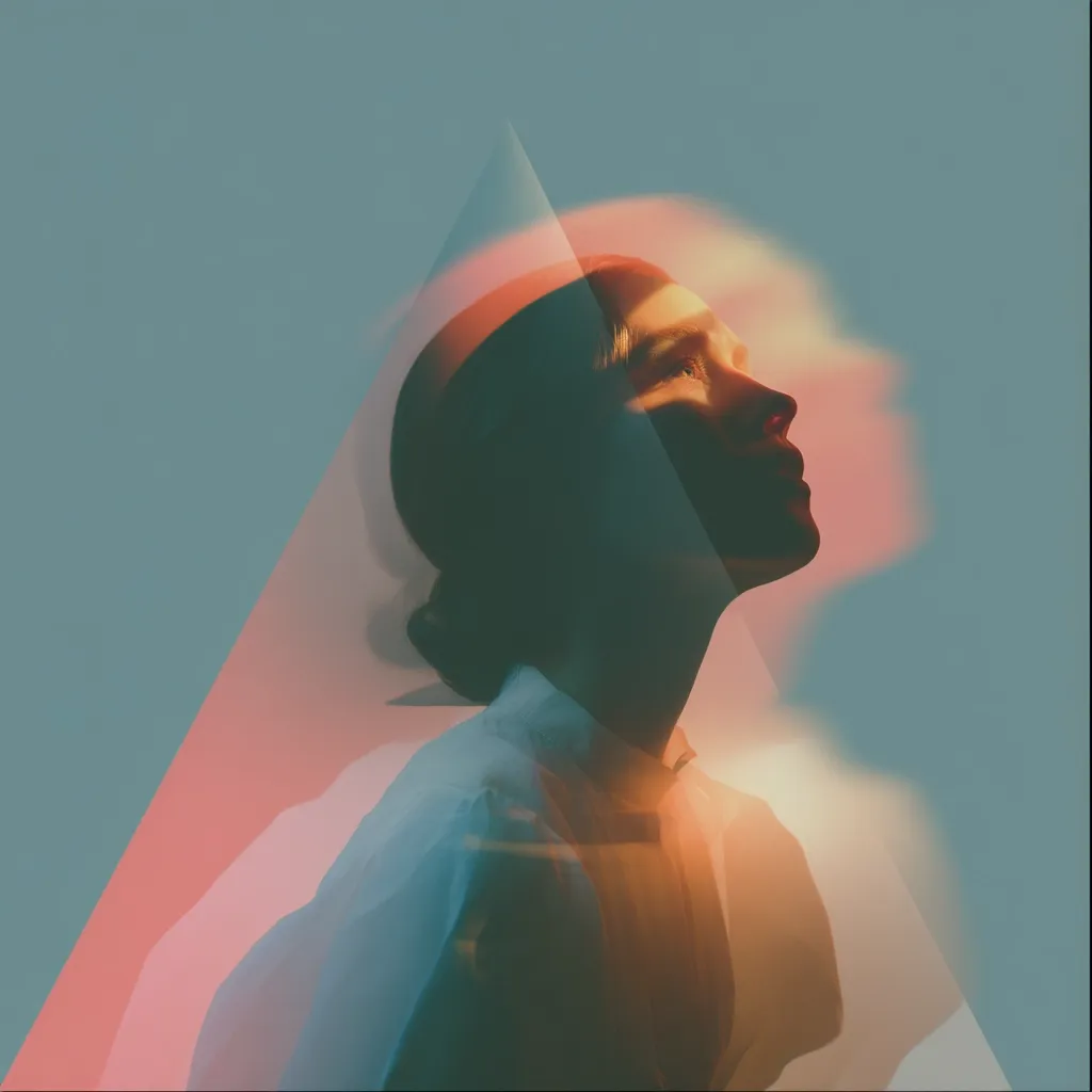 A stylized portrait of a woman's face, partially obscured and overlaid with a geometric triangle and soft, warm light.  The image evokes a dreamlike, ethereal quality with a blend of cool and warm tones, creating a sense of mystery and introspection.  The woman's gaze is directed upward, suggesting hope or contemplation.