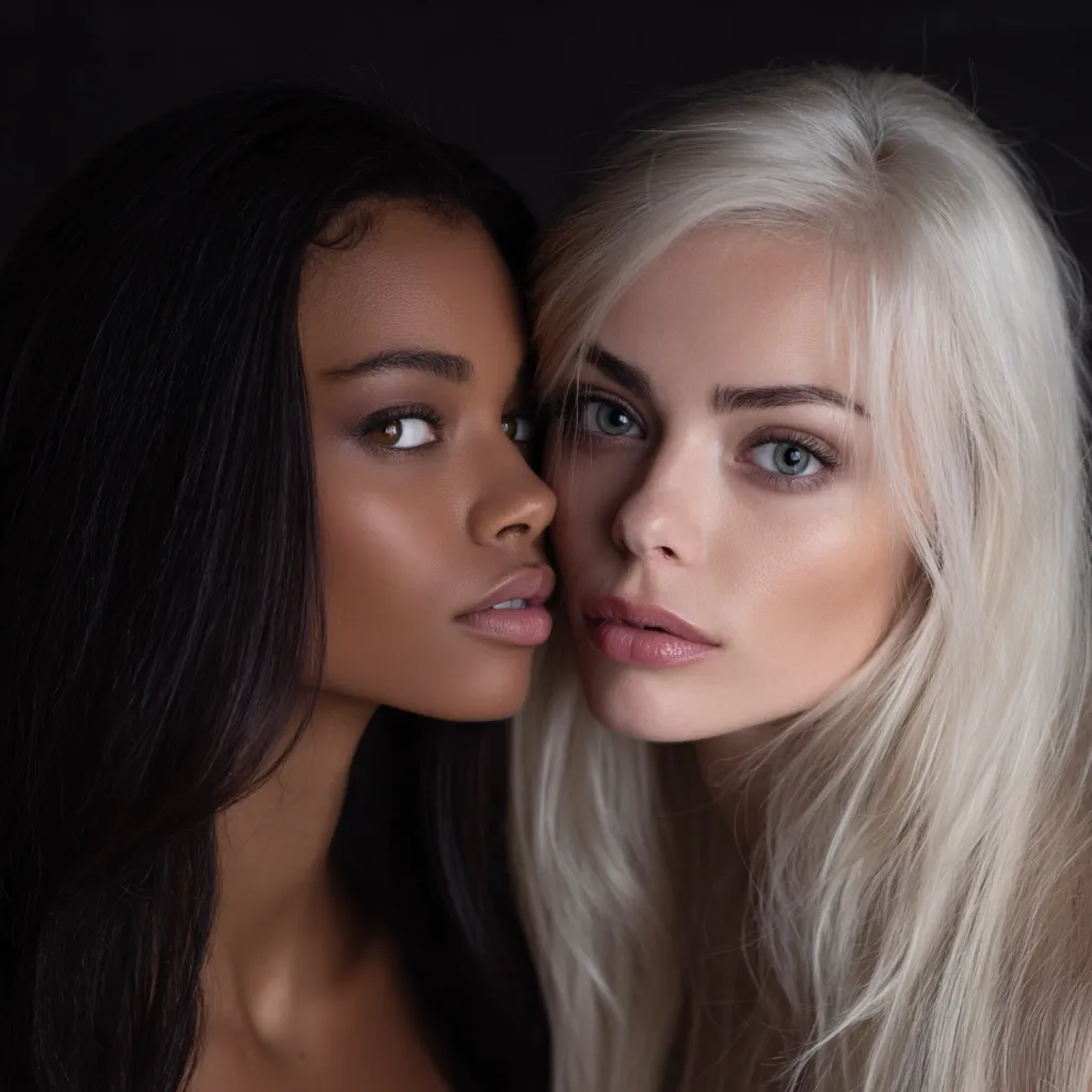 Close-up portrait of two young women with contrasting features.  One has long, dark hair and rich brown skin; the other possesses long, light blonde hair and fair skin.  They are positioned intimately close, their faces nearly touching, creating a striking visual contrast of beauty and intimacy.  The dark background emphasizes their features and the contrast between their complexions.