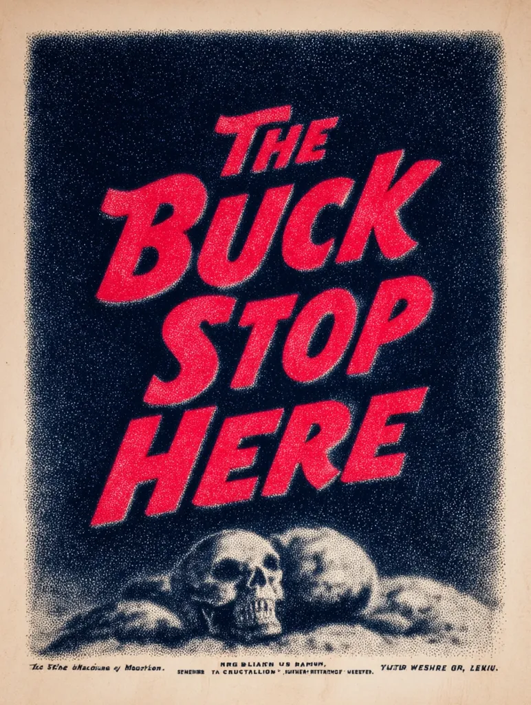 A stark poster proclaims "THE BUCK STOP HERE" in bold, red lettering against a dark blue background.  Below, a skull rests amidst what seems to be a pile of corpses, adding a grim visual to the message of ultimate responsibility.  The poster's style suggests a World War II-era design, possibly propaganda.  Small text at the bottom provides additional, unreadable information.