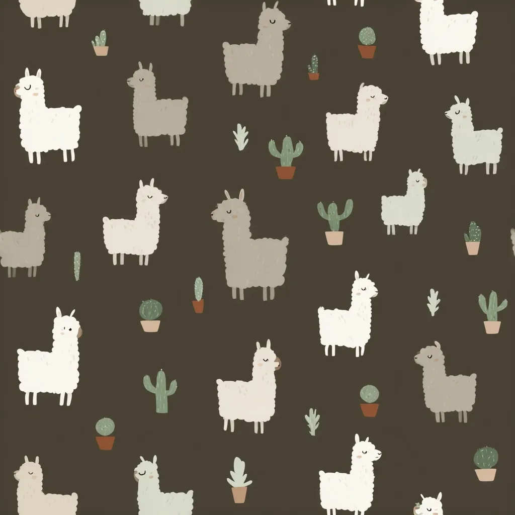 A charming seamless pattern features adorable cartoon llamas in alternating light and gray tones, interspersed with cacti and succulents in terracotta pots. The dark brown background enhances the whimsical design, creating a delightful and repetitive texture suitable for various applications like fabric, wallpaper, or stationery.  The simple, yet cute style appeals to a wide audience.